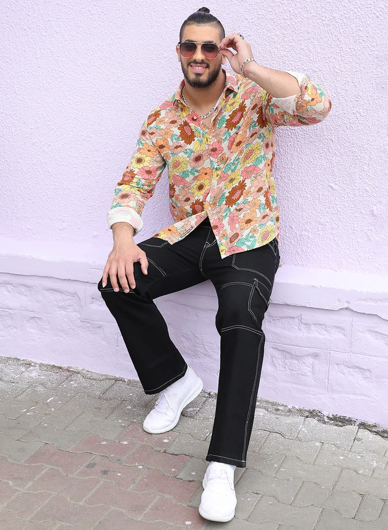 Instafab Plus Instafab Plus Men's Multicolour Floral Cluster Shirt For Casual Wear | Spread Collar | Long Sleeve | Button Closure | Cotton Shirt Crafted With Comfort Fit For Everyday Wear