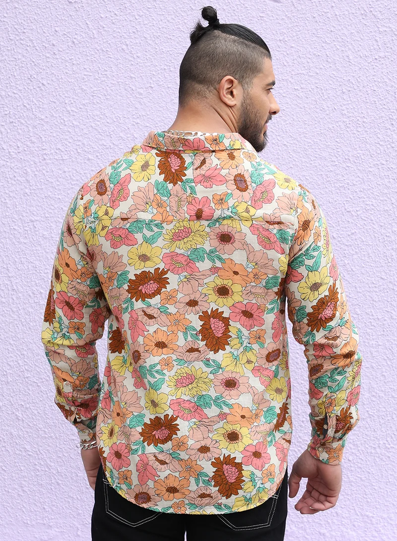 Instafab Plus Instafab Plus Men's Multicolour Floral Cluster Shirt For Casual Wear | Spread Collar | Long Sleeve | Button Closure | Cotton Shirt Crafted With Comfort Fit For Everyday Wear