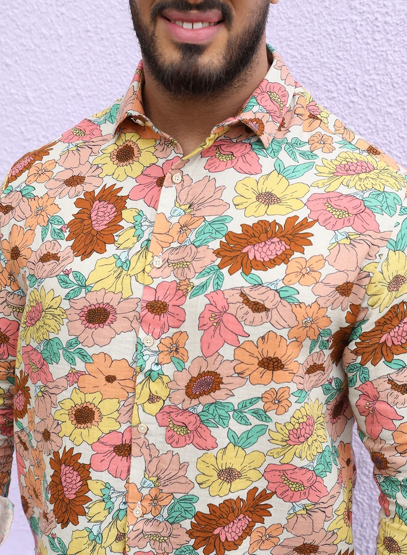 Instafab Plus Instafab Plus Men's Multicolour Floral Cluster Shirt For Casual Wear | Spread Collar | Long Sleeve | Button Closure | Cotton Shirt Crafted With Comfort Fit For Everyday Wear