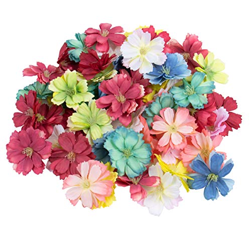 AUEAR, 50 Pack Artificial Silk Cherry Blossom Flowers Heads Craft Fake Peony Daisy Decor for Bridal Hair Clips Headbands Dress DIY Accessories Wedding Party Decorative (Mix Color) - Image 1