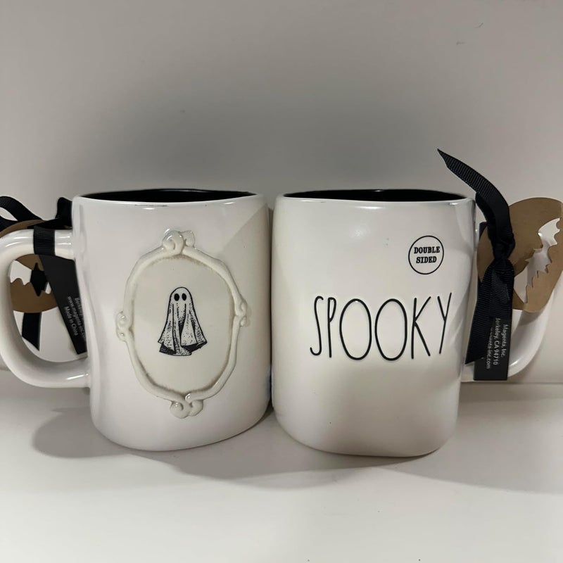 Rae SPOOKY Coffee Mug Allside White DoubleSided Ghost Figure HALLOWEEN MUG Dun by Magenta