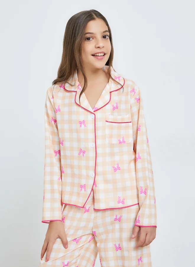 Take Two Teen Girls Bow Print Checked Shirt and Pyjama Set