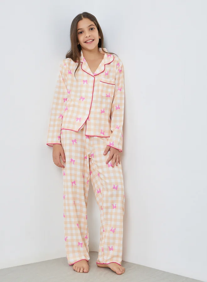 Take Two Teen Girls Bow Print Checked Shirt and Pyjama Set