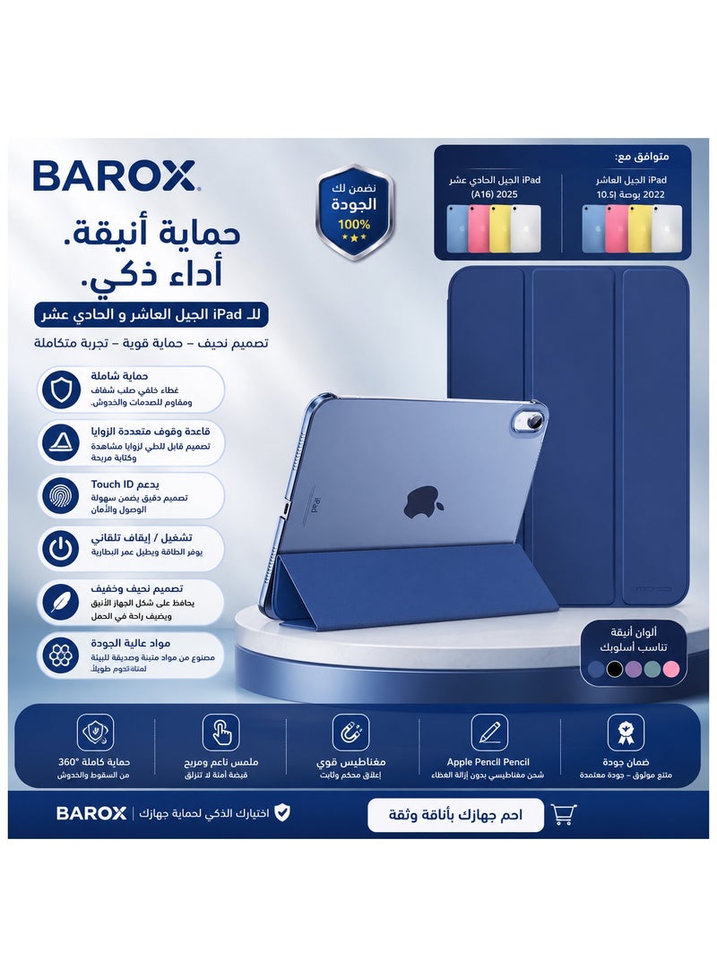 باروكس جراب لجهاز iPad (A16) الجيل الحادي عشر، وiPad الجيل العاشر، أزرق كحلي  جراب لجهاز iPad مقاس 11/10.9 بوصة، موديلات 2025/2022، بتصميم نحيف مع حامل للوقوف، وغطاء خلفي صلب من مادة PC شبه شفافة، وغطاء ذكي، يدعم Touch ID، وميزة التشغيل/الإيقاف التلقائي عند فتح وإغلاق الغطاء - Image 1