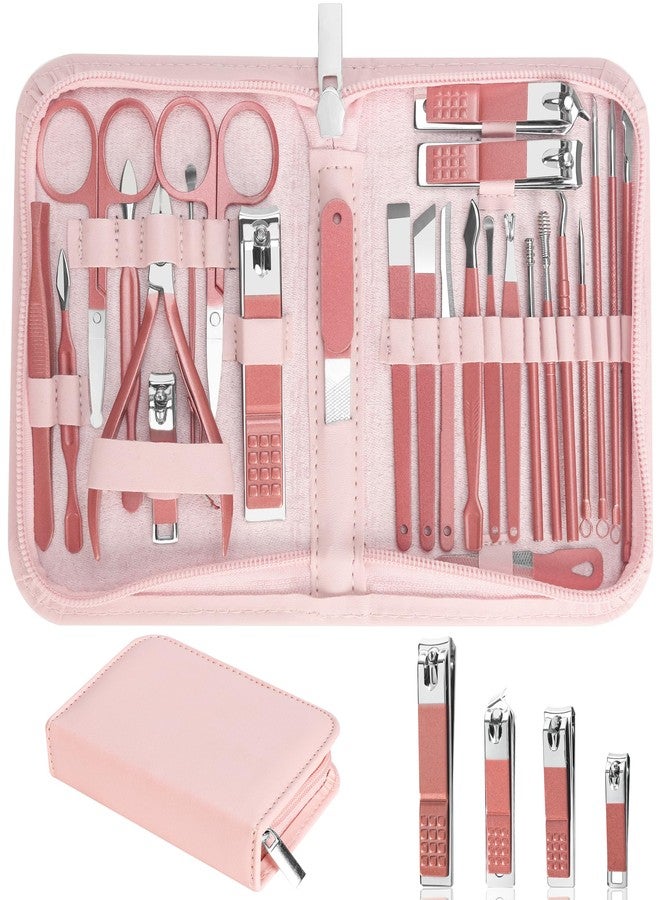 LUCK AROUND Nail Clippers Set, 26 Piece Manicure Set & Pedicure Kit, Stainless Steel Fingernail & Toenail Clipper Cutters, Professional Nail Care Tools with Luxurious Travel Case for Men and Women, Metallic Pink - Image 1