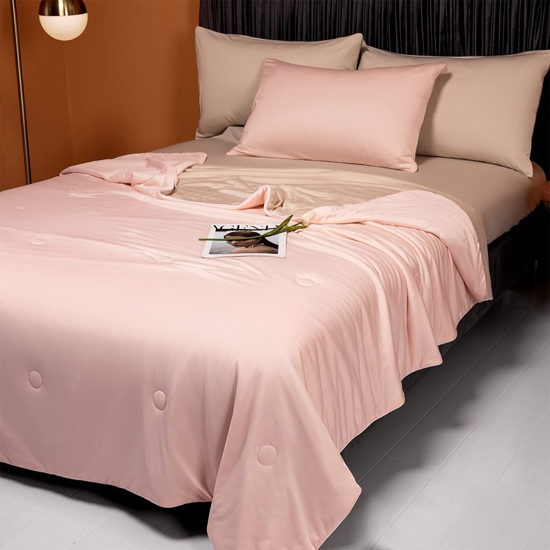 LLanCL Cooling Blankets for Hot Sleepers - Cool Like Ice Cream Lightweight Blanket for Summer with Double Side Cold, Cooling Comforter, Quilt, Fabric for Bed (Throw Size 47" x 59" Pink & Beige) - Image 2