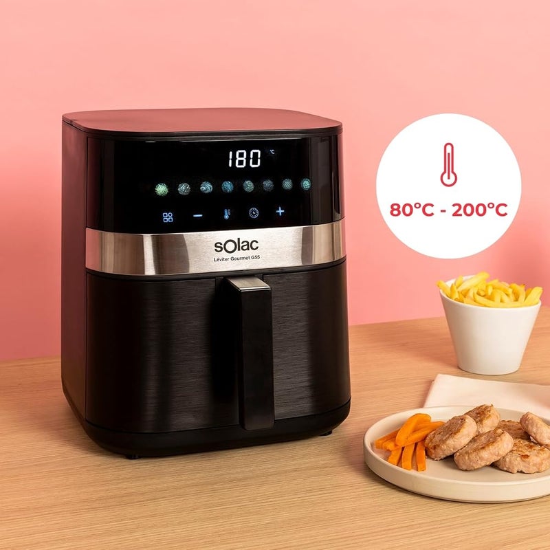 سولاك 1 سولاك – مقلاة هوائية ساخنة Léviter Gourmet G55 سعة 5.5 لتر 8 برامج شاشة رقمية درجة حرارة قابلة للتعديل من 80 إلى 200 درجة مئوية مؤقت لمدة 60 دقيقة مادة داخلية معدنية طلاء غير لاصق - Image 5