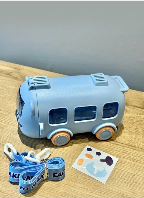 Multifunctional Bus Car Toy Children Water Bottle Portable Water Cup with Straw ,Strap ,Blue