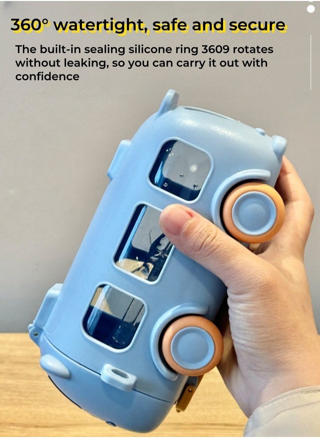 Multifunctional Bus Car Toy Children Water Bottle Portable Water Cup with Straw ,Strap ,Blue