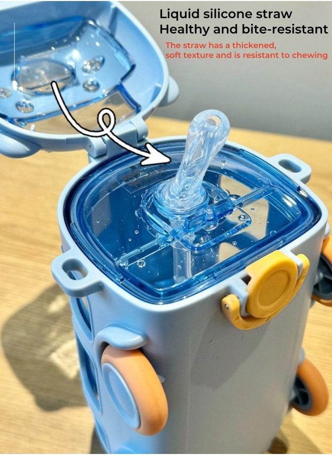 Multifunctional Bus Car Toy Children Water Bottle Portable Water Cup with Straw ,Strap ,Blue