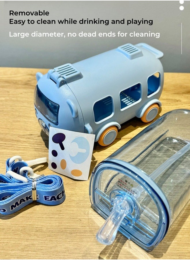 Multifunctional Bus Car Toy Children Water Bottle Portable Water Cup with Straw ,Strap ,Blue