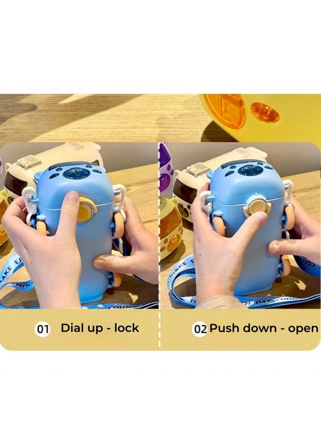 Multifunctional Bus Car Toy Children Water Bottle Portable Water Cup with Straw ,Strap ,Blue