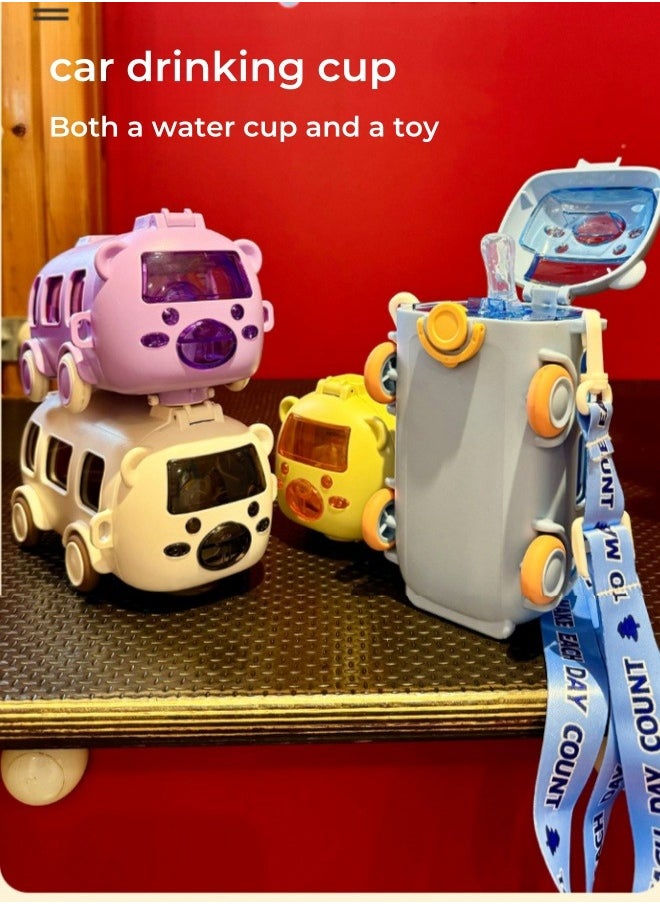 Multifunctional Bus Car Toy Children Water Bottle Portable Water Cup with Straw ,Strap ,Blue