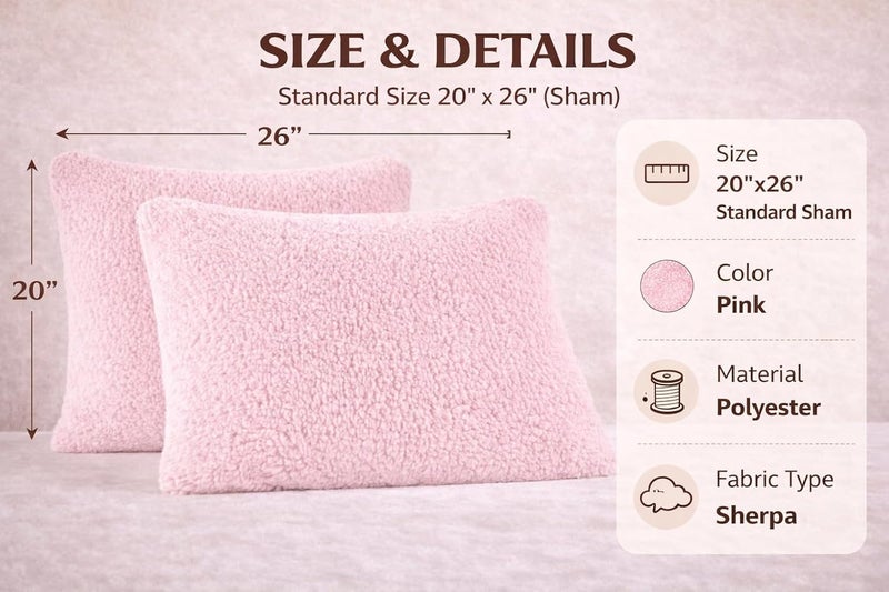 Reafort Sherpa Pillowcases Set of 2, Plush Fleece Standard Pillow Covers 20" x 26" with Zipper Closure, Fluffy Ultra Soft Cozy Pillowcases (Pink, 20”x26” Standard Sham) - Image 2