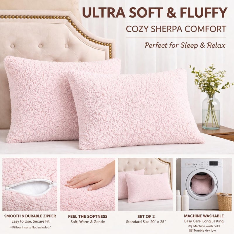Reafort Sherpa Pillowcases Set of 2, Plush Fleece Standard Pillow Covers 20" x 26" with Zipper Closure, Fluffy Ultra Soft Cozy Pillowcases (Pink, 20”x26” Standard Sham) - Image 3