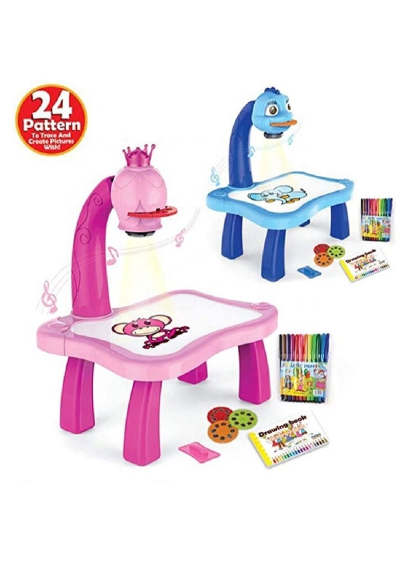 null - kids educational learning projector erasable drawing board painting table lamp kit indoor activity 24 patterns drawing 12 color pens Painting Toy projector Learning Drawing Desk , color Pink - Image 1
