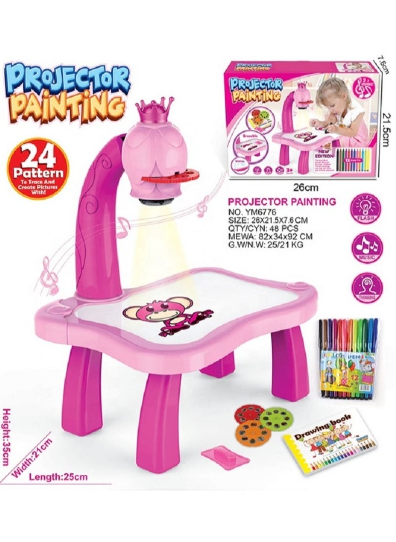 null - kids educational learning projector erasable drawing board painting table lamp kit indoor activity 24 patterns drawing 12 color pens Painting Toy projector Learning Drawing Desk , color Pink - Image 1