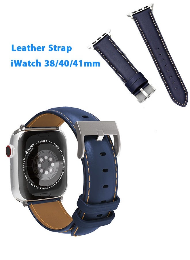 Generic - Genuine Leather Band Strap For Apple Watch Bands 38mm 40mm 41mm, for iWatch Series 8,7,6,5,4,3,2,1, Ultra Sport SE, Blue - Image 1