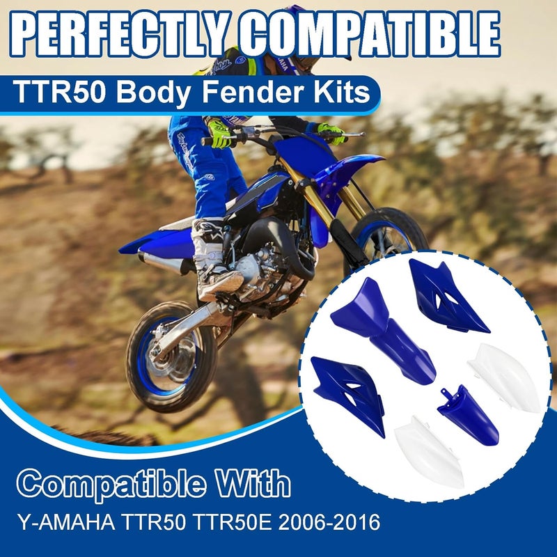 Podoy TTR50 Body Fender Kits for Compatible with YAMAHA TTR50E 2006-2016 Dirt Bike and Their Replica Models Plastic Fairing Body Parts Blue and White - Image 3