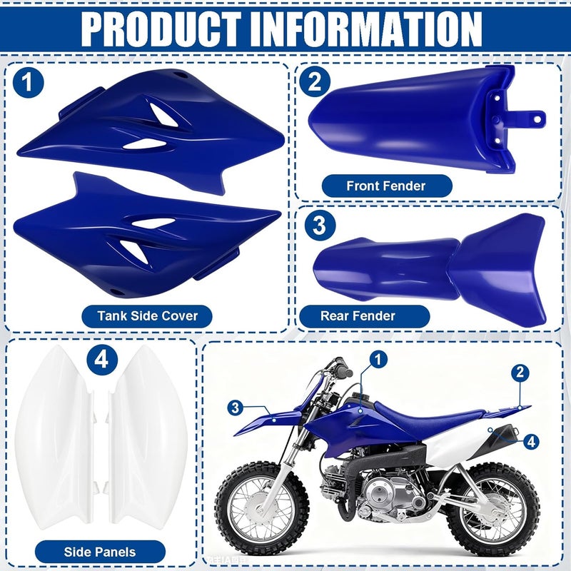 Podoy TTR50 Body Fender Kits for Compatible with YAMAHA TTR50E 2006-2016 Dirt Bike and Their Replica Models Plastic Fairing Body Parts Blue and White - Image 2