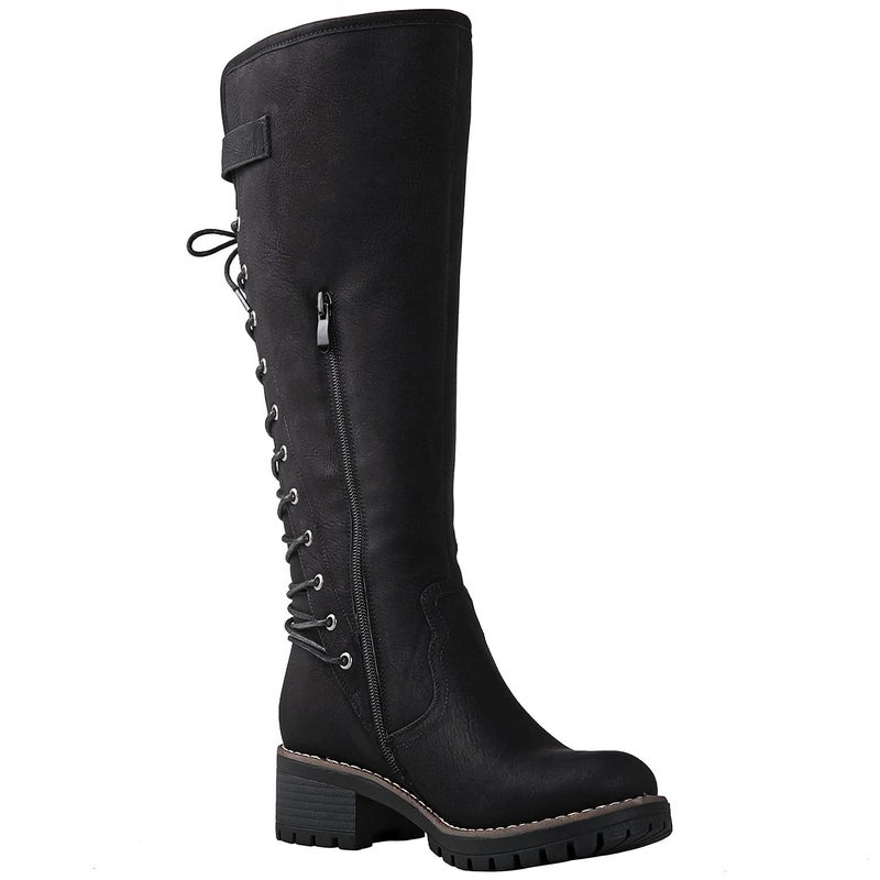 GLOBALWIN Women's Chunky Heel Black Lace Up Back Knee High Fashion Boots 8.5M - Image 3