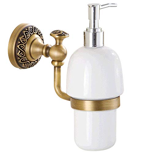 Leyden Antique Brass Soap Dispenser,Wall Mount Hand Soap Pump Bathroom Liquid Holder Lotion Bottles Vintage Dish Ceramics Removable for Kitchen Sink Countertop - Image 1