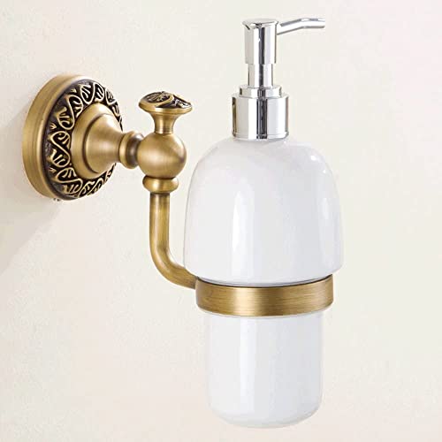 Leyden Antique Brass Soap Dispenser,Wall Mount Hand Soap Pump Bathroom Liquid Holder Lotion Bottles Vintage Dish Ceramics Removable for Kitchen Sink Countertop - Image 5