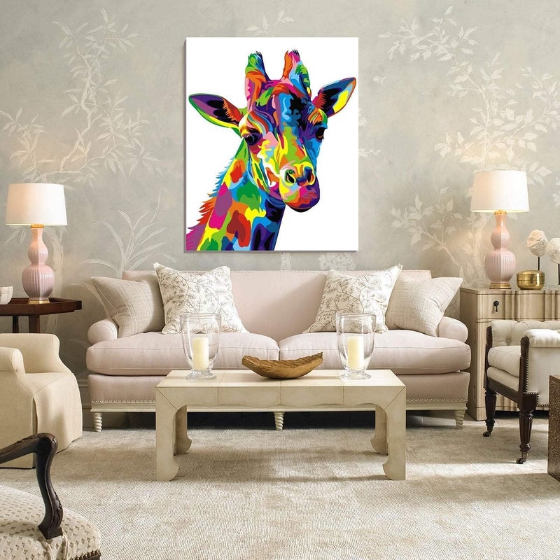 MumooBear الرسم بالأرقام للبالغين والأطفال مجموعة هدايا الرسم الزيتي DIY قماش مطبوع مسبقًا مقاس 16 × 20 بوصة - زرافة ملونة بدون إطار - Image 2