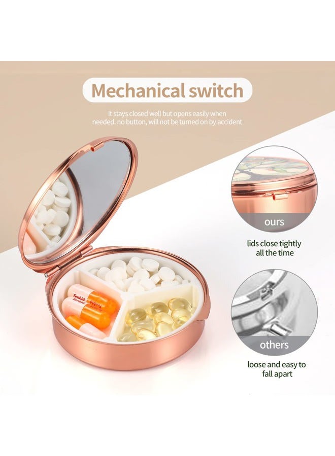 Dynippy Pill Case Pill Box with Mirror Pocket 3 Compartment Medicine Case Vitamin Pill Organizer for Pocket Purse and Travel (Round, Rose Gold-Rose) - Image 5