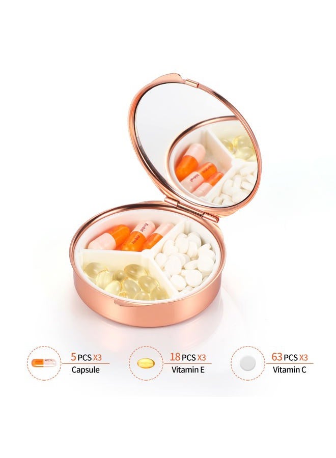 Dynippy Pill Case Pill Box with Mirror Pocket 3 Compartment Medicine Case Vitamin Pill Organizer for Pocket Purse and Travel (Round, Rose Gold-Rose) - Image 4