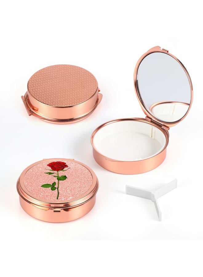 Dynippy Pill Case Pill Box with Mirror Pocket 3 Compartment Medicine Case Vitamin Pill Organizer for Pocket Purse and Travel (Round, Rose Gold-Rose) - Image 3