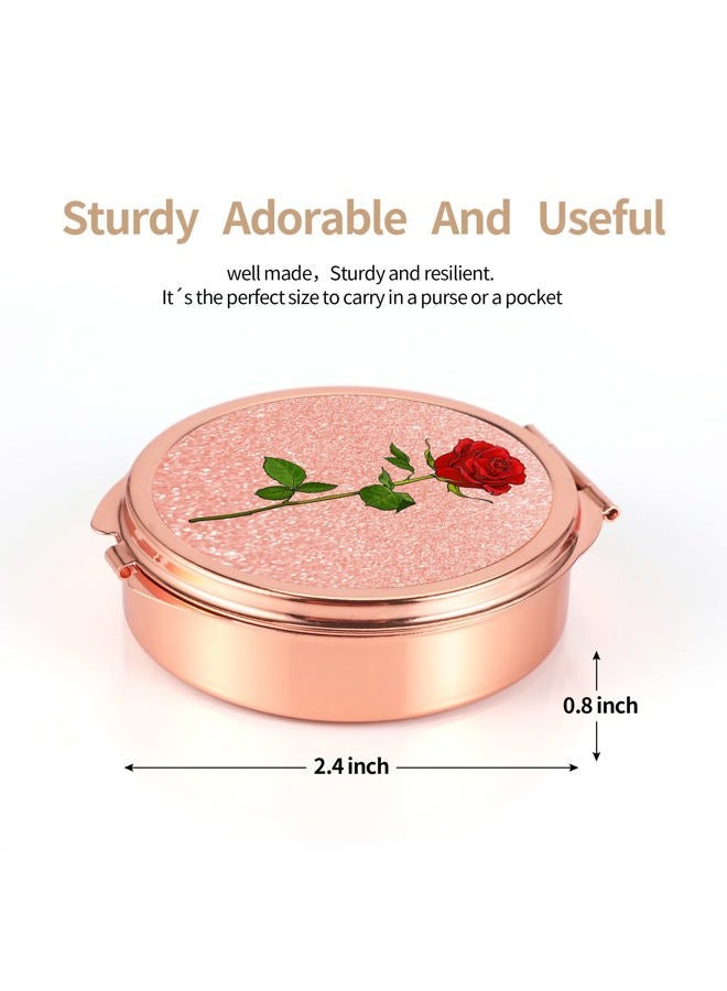 Dynippy Pill Case Pill Box with Mirror Pocket 3 Compartment Medicine Case Vitamin Pill Organizer for Pocket Purse and Travel (Round, Rose Gold-Rose) - Image 2