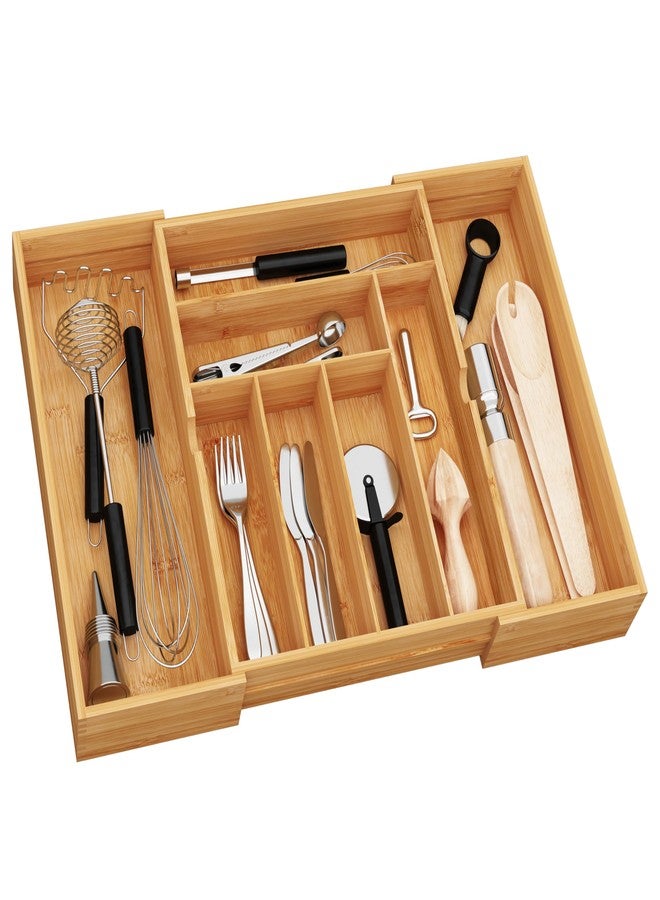 BAMEOS 3" Deepth Expandable Drawer Organizer, Deep Flatware Organizer, Adjustable Silverware Organizer, Bamboo Drawer Organizer for Kitchen, Bathroom (Natural) - Image 1