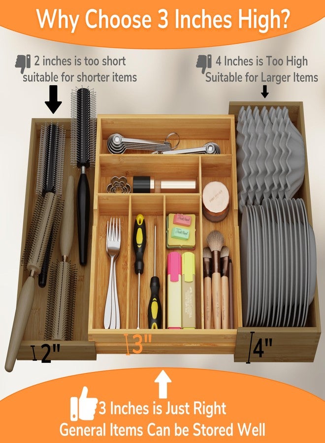 BAMEOS 3" Deepth Expandable Drawer Organizer, Deep Flatware Organizer, Adjustable Silverware Organizer, Bamboo Drawer Organizer for Kitchen, Bathroom (Natural) - Image 2