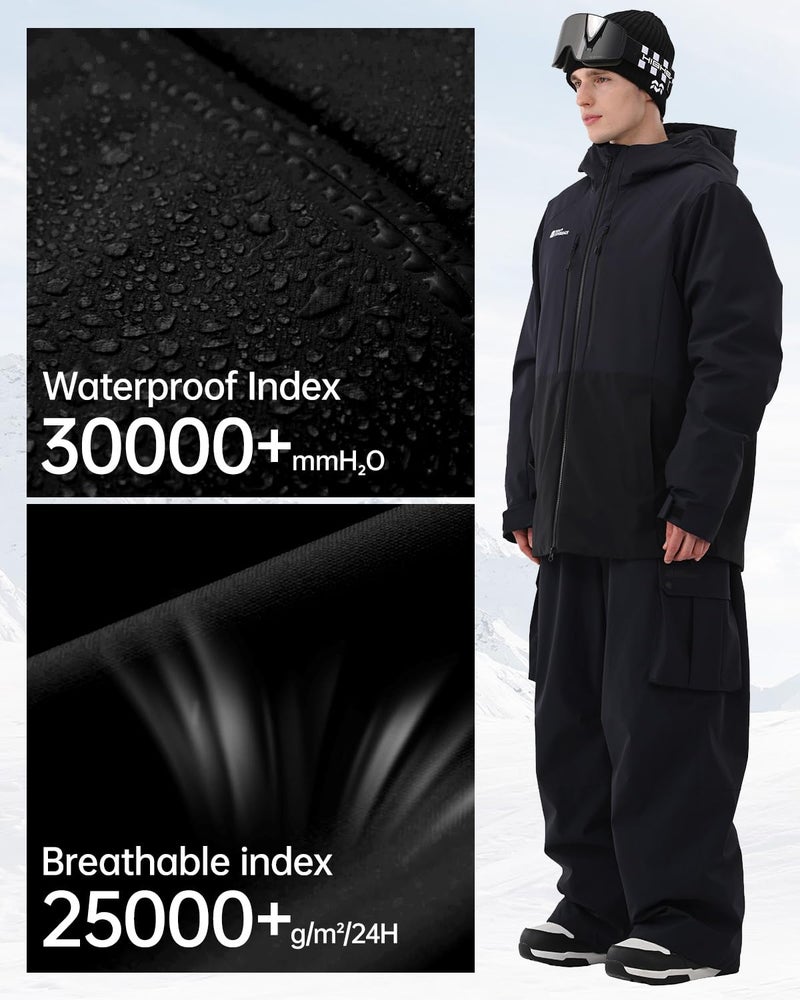 HIGH EXPERIENCE Mens Ski Jacket Snowboard 3L Coat Baggy Waterproof Windproof Warm Insulated Snow Winter Hooded (US, Alpha, Large, Regular, Regular, Navy Blue Black) - Image 4