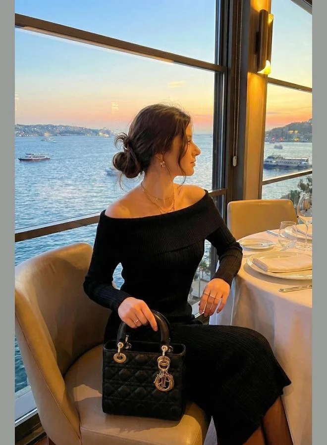 Lela Lela Premium Ribbed Carmen Collar Slim Fit Midi Length Knitwear Dress Women's DRESS 680EL00033