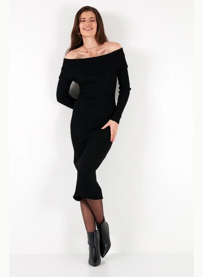 Lela Lela Premium Ribbed Carmen Collar Slim Fit Midi Length Knitwear Dress Women's DRESS 680EL00033