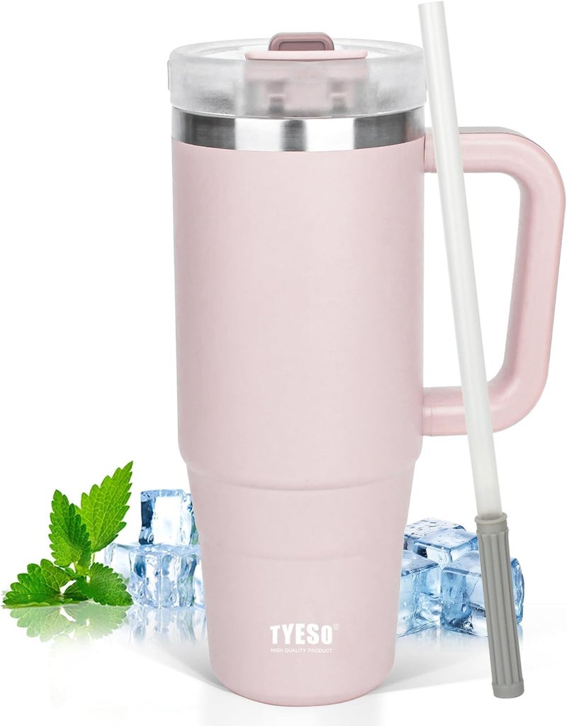TYESO 40 oz Tumbler with Handle  Insulated Cup Reusable Stainless Steel Water Bottle Travel Mug Cupholder Friendly  Gifts for Women Him Her  Trek Collection Light Pink