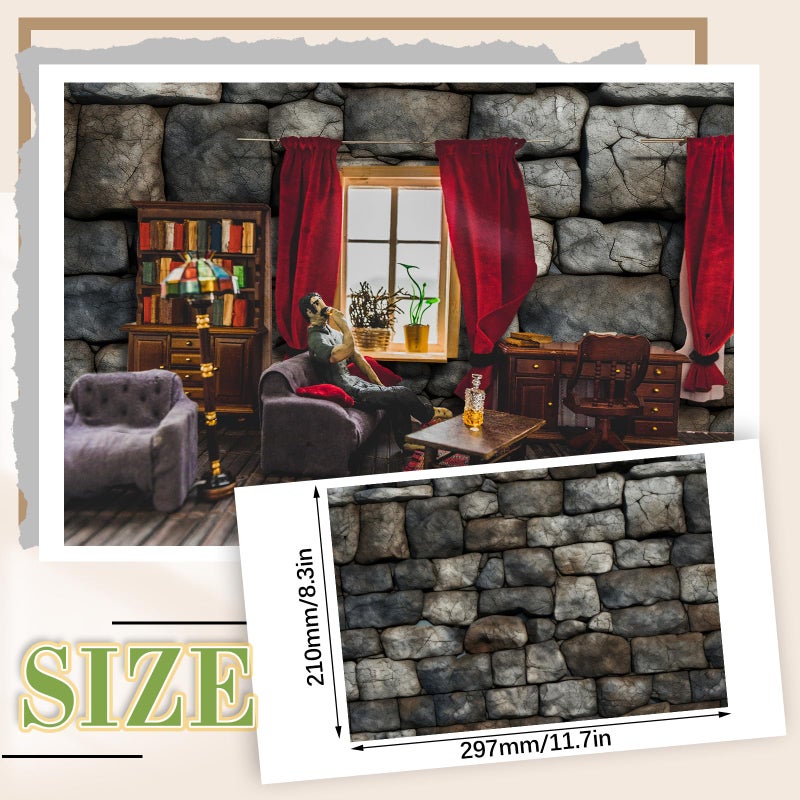 Flutesan 12 Pcs Miniature Dollhouse Wallpaper and Flooring Peel and Stick Mini DIY Self Adhesive Dollhouse Accessories 8.27 x 11.69 Inch (Stone Pattern) - Image 2