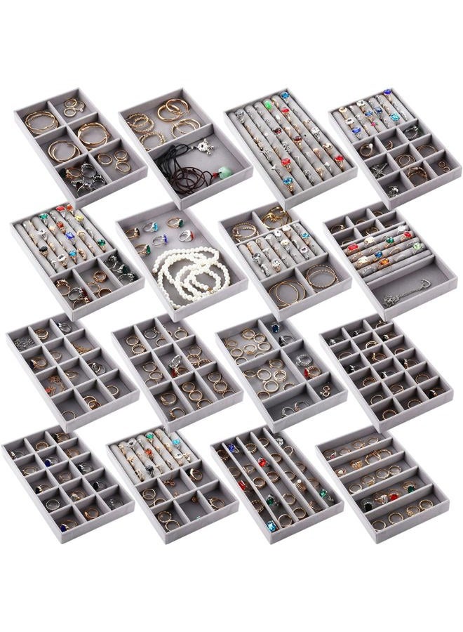 Landical 16 Pcs Stackable Jewelry Organizer for Drawer Velvet Jewelry Tray with Dividers Earring Holder & Ring Display Box Fits 8.4 x 5 x 1 Drawer Necklace Storage for Women, Girls,16 Styles (Grey) - Image 1
