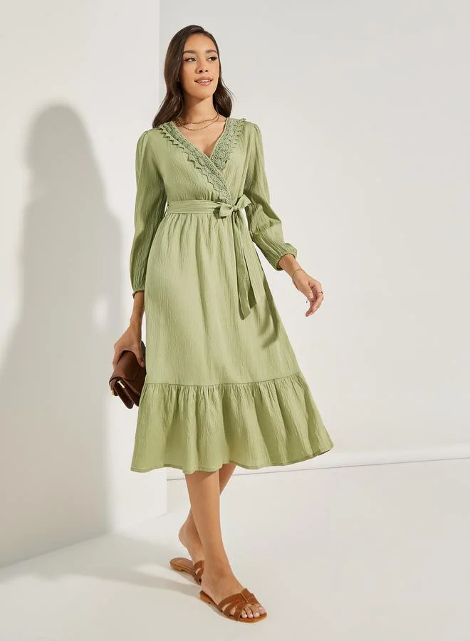 Styli Lace Insert Wrap Front A-Line Midi Dress