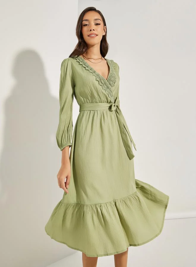 Styli Lace Insert Wrap Front A-Line Midi Dress