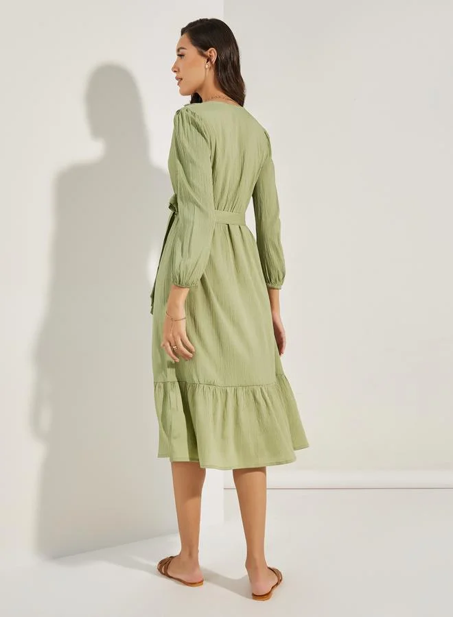 Styli Lace Insert Wrap Front A-Line Midi Dress