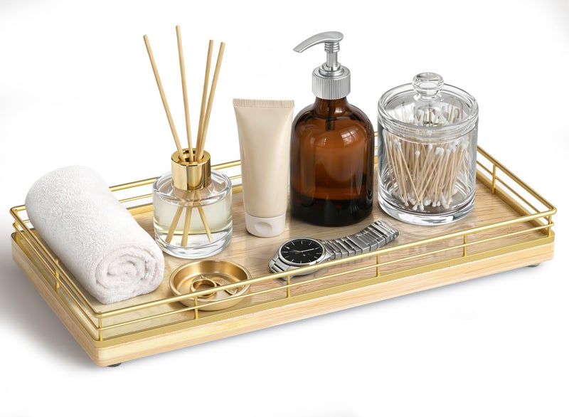 Focusonit Bathroom Vanity Tray for Counter - 12" x 6" Oka Wood Decorative Catchall Wooden Tray for Kitchen│Dresser Room│Coffee Bar│Toilet Tank, Natural & Golden Frame - Image 1