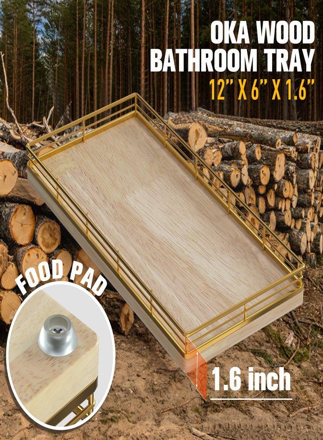 Focusonit Bathroom Vanity Tray for Counter - 12" x 6" Oka Wood Decorative Catchall Wooden Tray for Kitchen│Dresser Room│Coffee Bar│Toilet Tank, Natural & Golden Frame - Image 3