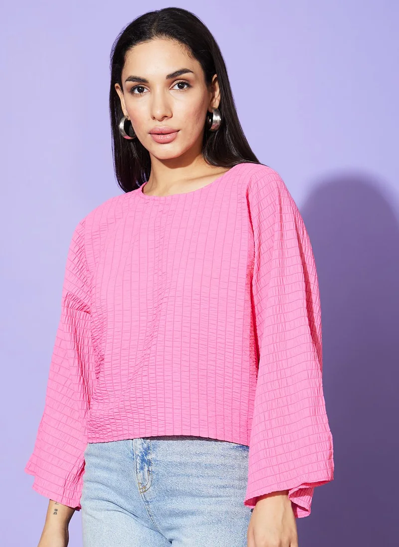 globus Globus Women Pink Vertical Striped Round Neck Slit Sleeves Boxy Fit Casual Top