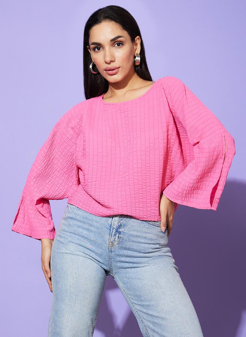 Globus Women Pink Vertical Striped Round Neck Slit Sleeves Boxy Fit Casual Top - Image 1