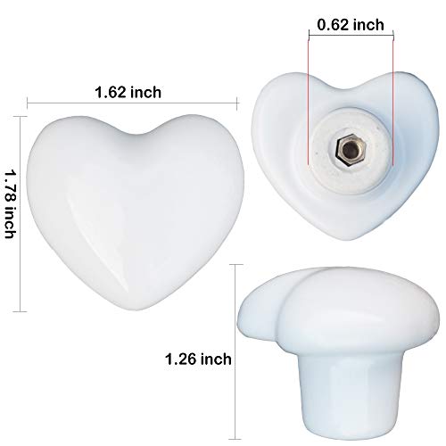 Perphin Ceramic Drawer Knobs Heart Shape Cabinet Dresser Pulls Handles with 3 Sized Screws, Kitchen Furniture Knobs for Closet Cupboard Wardrobe (6 Pack, White) - Image 5