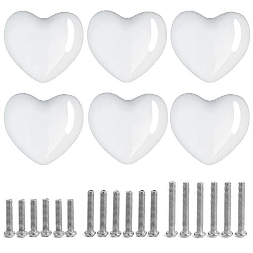 Perphin Ceramic Drawer Knobs Heart Shape Cabinet Dresser Pulls Handles with 3 Sized Screws, Kitchen Furniture Knobs for Closet Cupboard Wardrobe (6 Pack, White) - Image 1