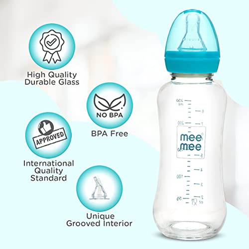 Mee Mee Glass Feeding Bottle 240ml| Eazy Flo Technology, Anti-Colic Valve, Anti-Slip Ergonomic Shape & Slim Neck | BPA-Free, Borosilicate Glass Feeding Bottle for 0m+/Babies Upto 3 Years (Blue) - Image 3
